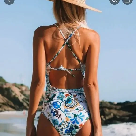 Boho Print Plunge One Piece Swimsuit - Picture 2 of 5